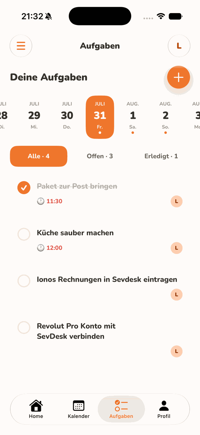 homy App, Aufgabenliste mit zugewiesenen Haushaltsmitgliedern