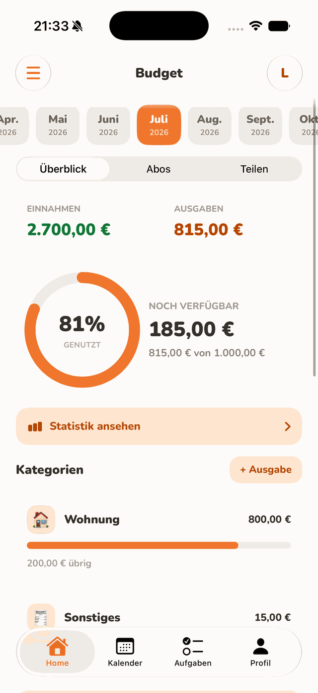 homy App, Budget- und Ausgabenübersicht