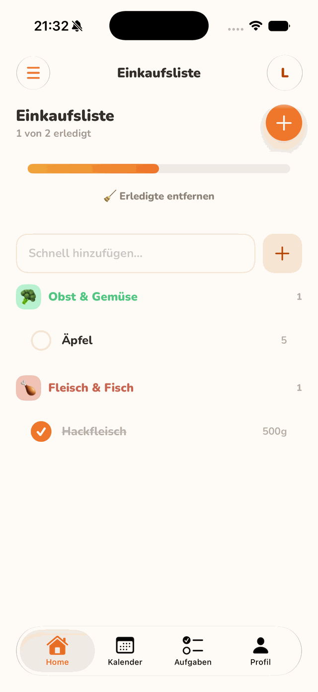 homy App, Geteilte Einkaufsliste nach Kategorien sortiert