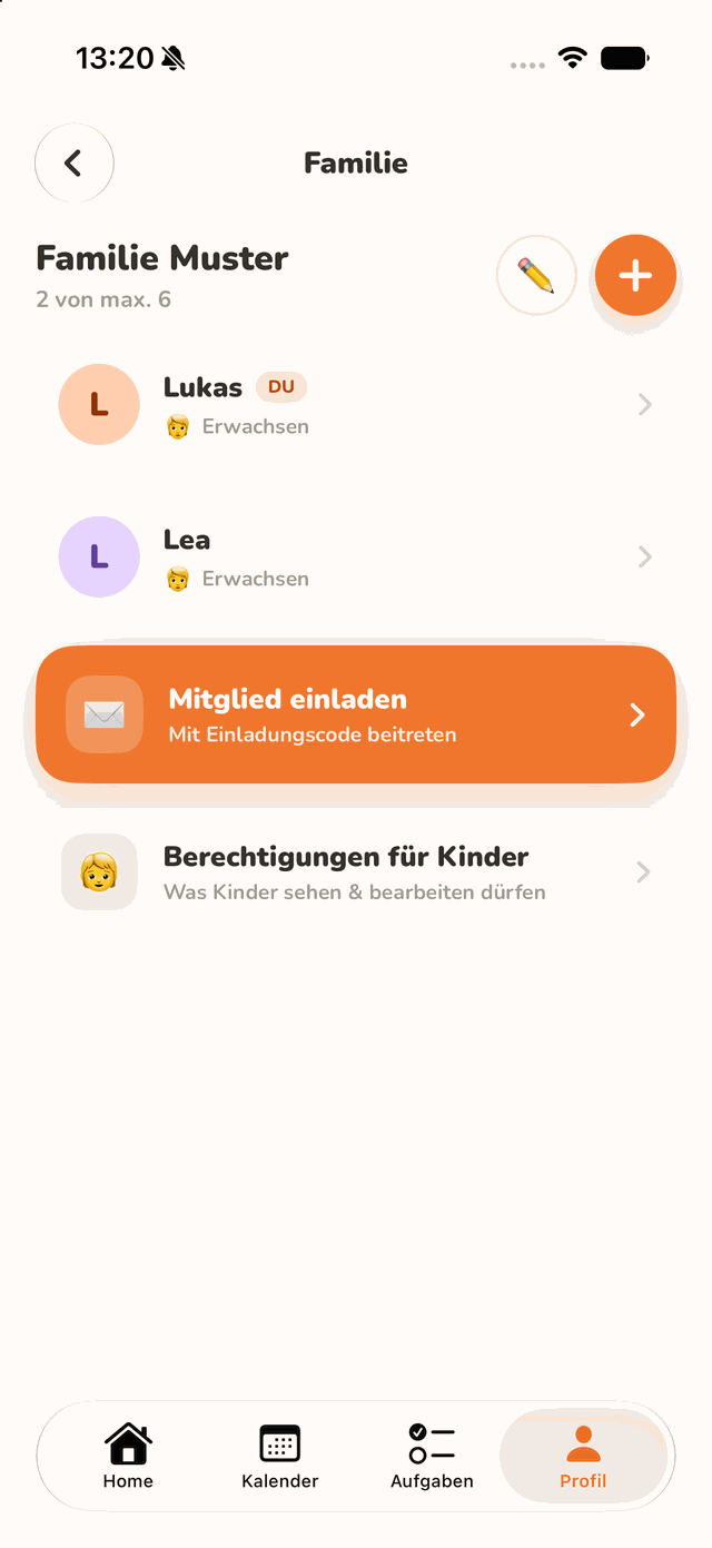homy App, Familienverwaltung mit Mitgliedern und Rollen
