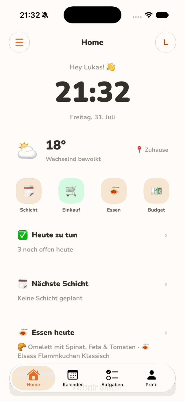 homy App, Home-Übersicht mit Uhrzeit, Wetter und den heutigen Aufgaben