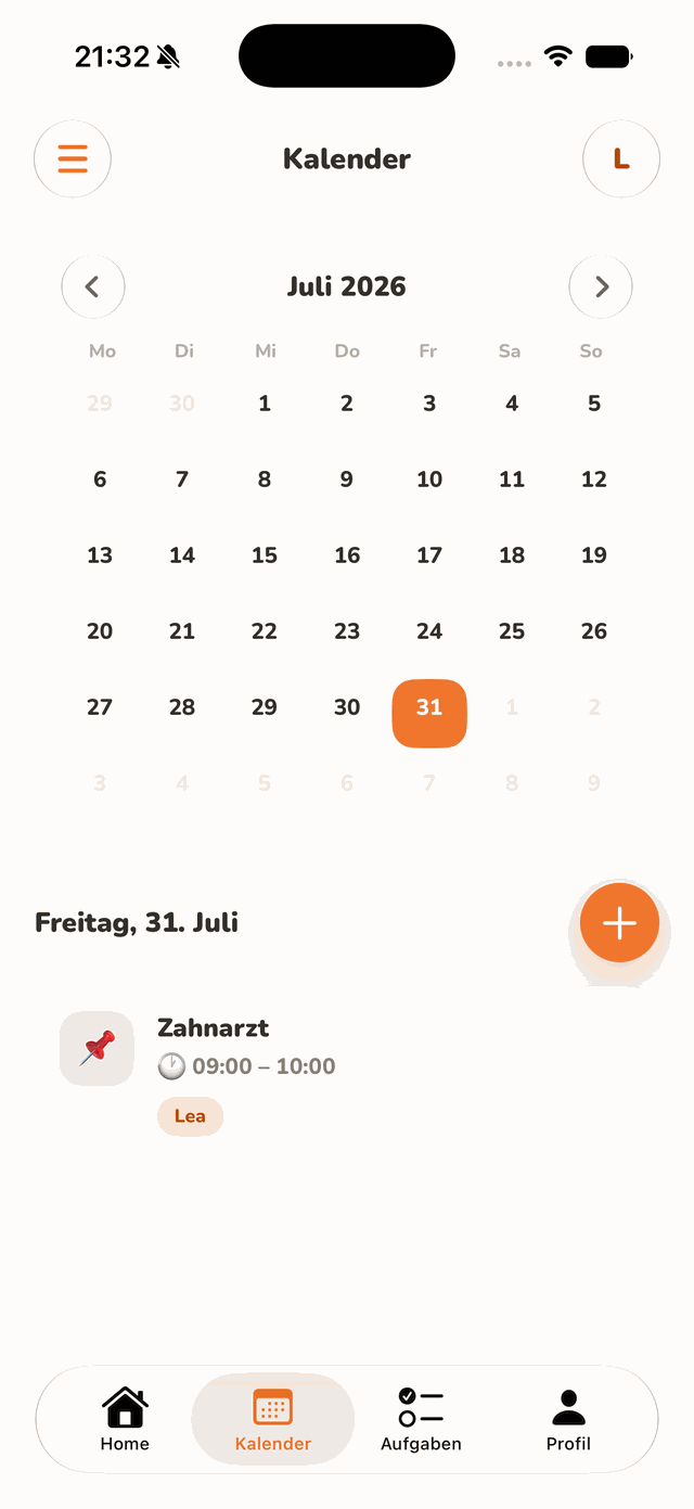 homy App, Geteilter Haushaltskalender in der Monatsansicht