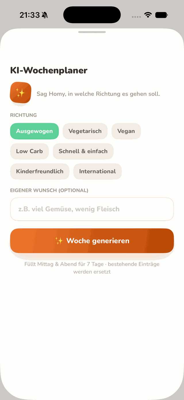 homy App, KI-Wochenplaner mit automatisch erstelltem Wochenplan