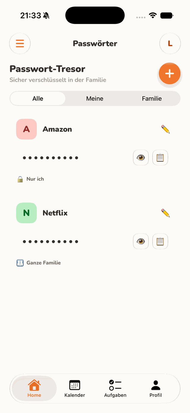 homy App, Passwort-Tresor mit gespeicherten Zugängen