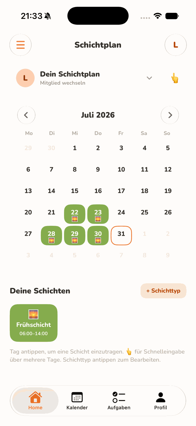 homy App, Schichtplaner mit eingetragenen Arbeitszeiten